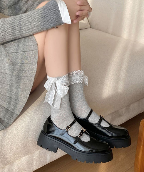 レースリボン ソックス レディース 靴下 可愛い フリルソックス ガーリー靴下 カジュアル ミドルソックス 春夏秋冬 おしゃれ ソックス 白黒 10代20代 学生 88CXH-116
